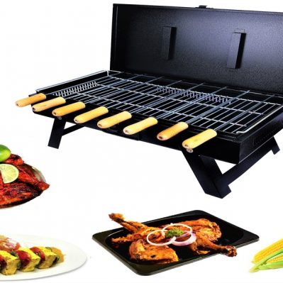 BAJAJ VACCO B-02 Heavy Metal Big Size Traveler Foldable Barbeque Grill with 8 Skewers & Charcoal Tray (Black)
