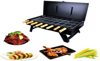 BAJAJ VACCO B-02 Heavy Metal Big Size Traveler Foldable Barbeque Grill with 8 Skewers & Charcoal Tray (Black)